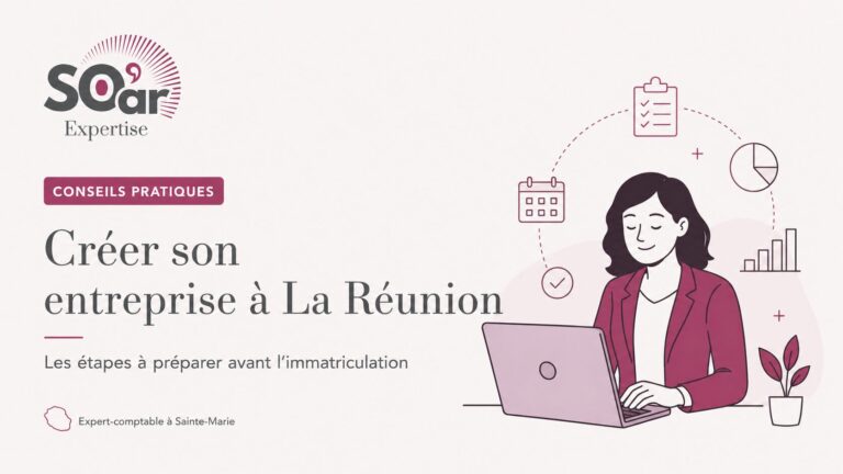 Illustration d’une entrepreneuse préparant la création de son entreprise à La Réunion