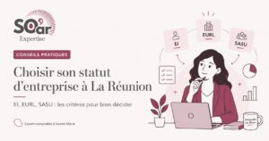Illustration d’une entrepreneuse comparant les statuts EI, EURL et SASU pour créer son entreprise à La Réunion.