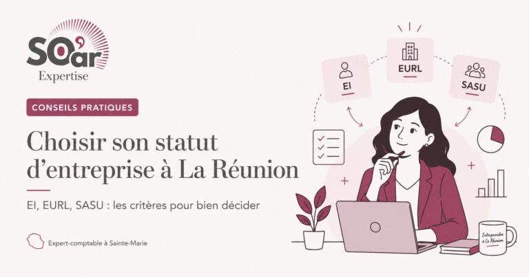 Illustration d’une entrepreneuse comparant les statuts EI, EURL et SASU pour créer son entreprise à La Réunion.